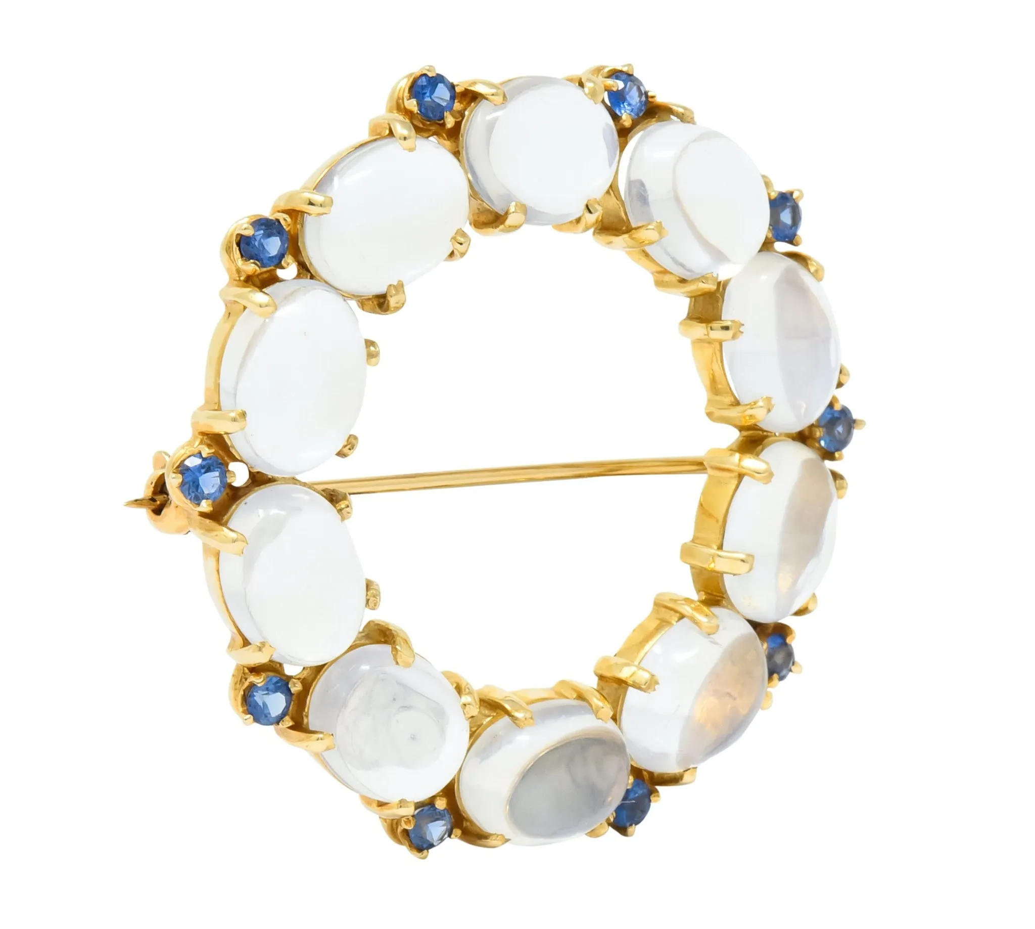 1940's Retro Sapphire Moonstone 14 Karat Gold Circle Pin Brooch