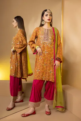 3-Pc Embroidered Printed Shirt With Chifoon Dupatta and Raw Silk Shalwar STM22-11