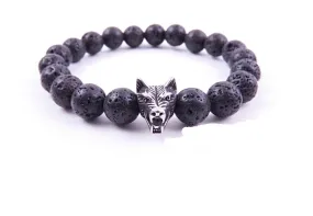 8mm Black Lava Rock Round Bead Wolf Bracelet