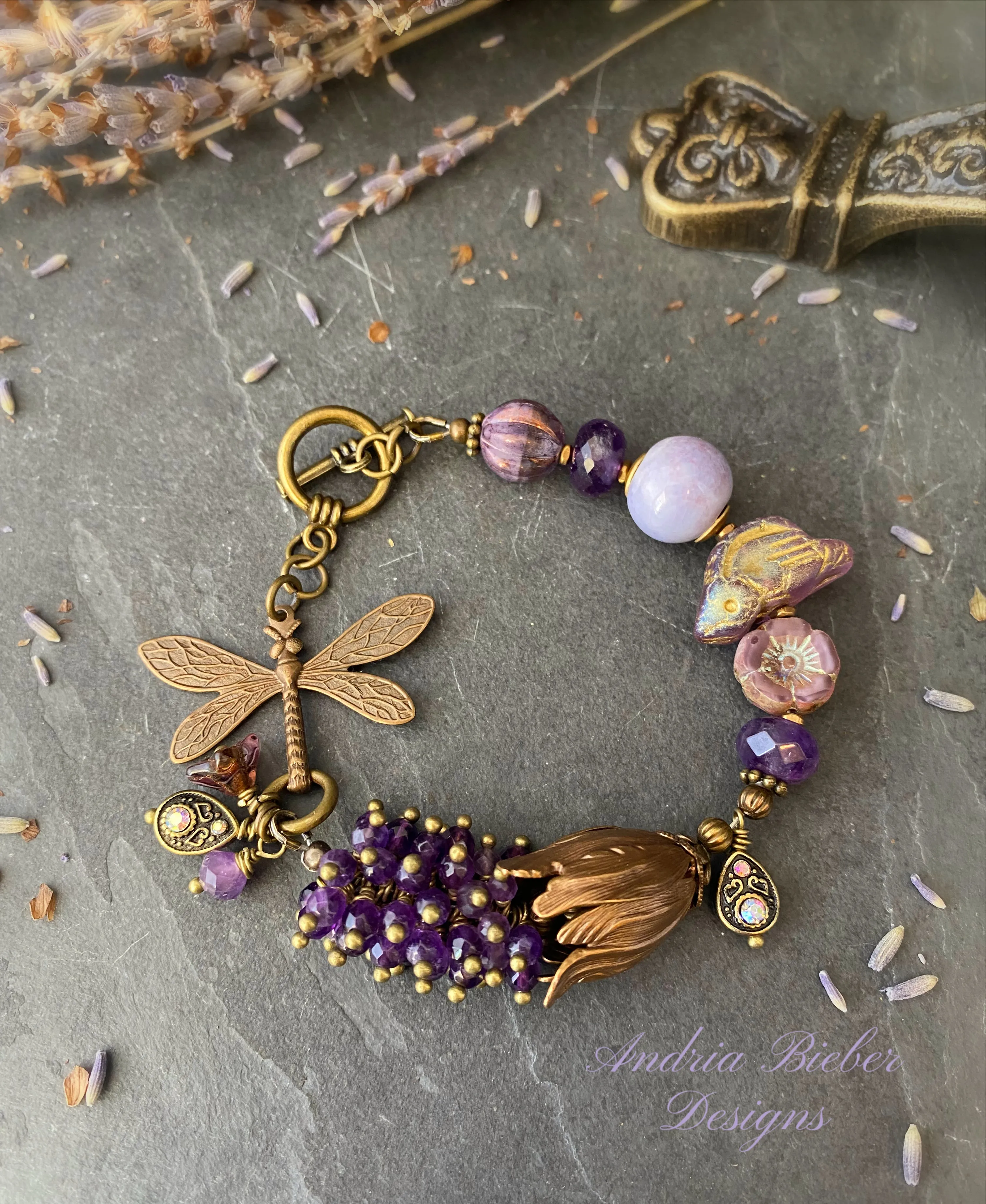 Amethyst gemstone, ceramic, Czech glass, bronze metal, bracelet, jewelry