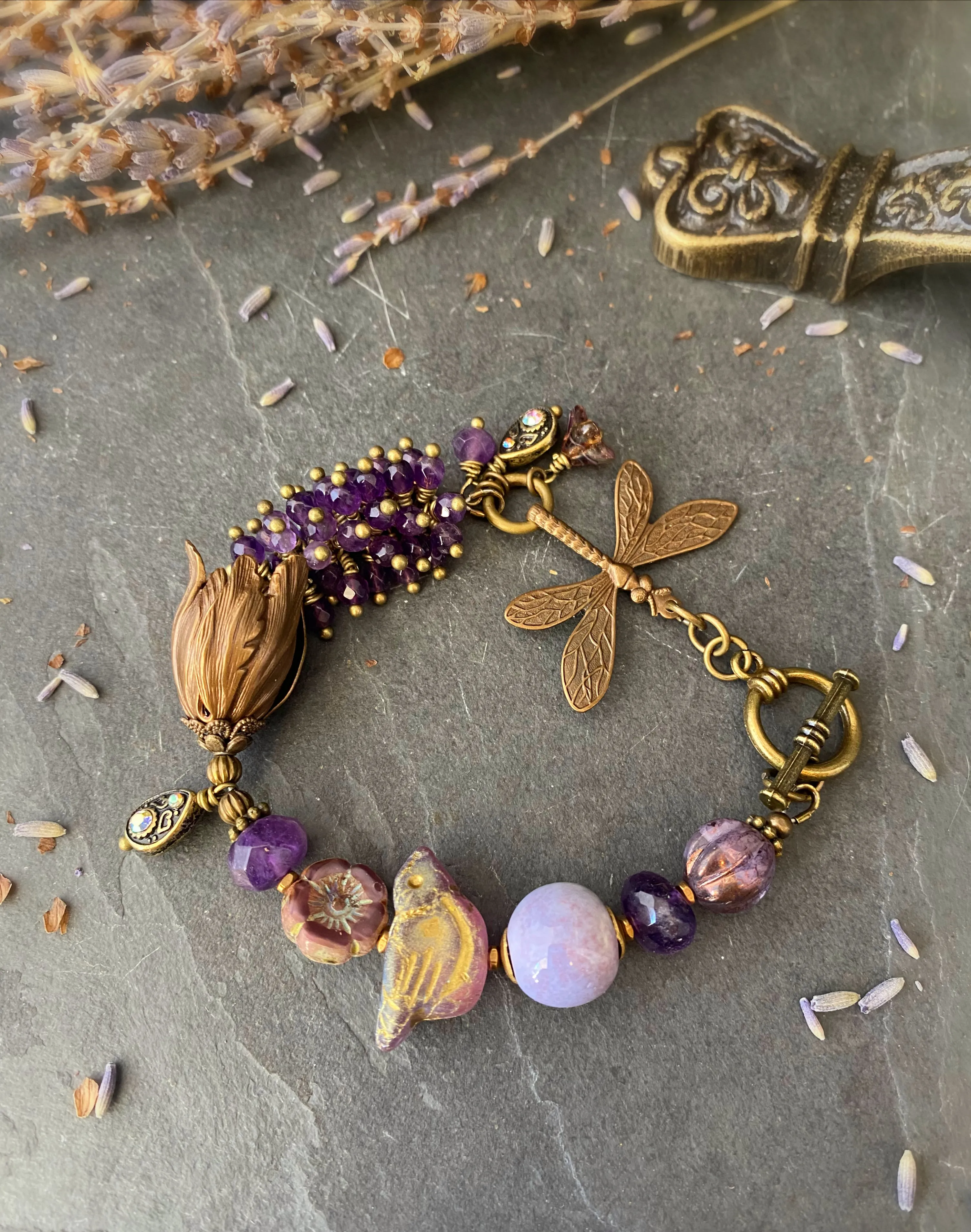 Amethyst gemstone, ceramic, Czech glass, bronze metal, bracelet, jewelry