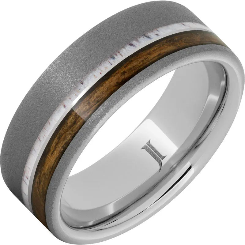 Barrel Aged Serinium Ring with Antler and Bourbon Wood Inlays and Sandblast Finish