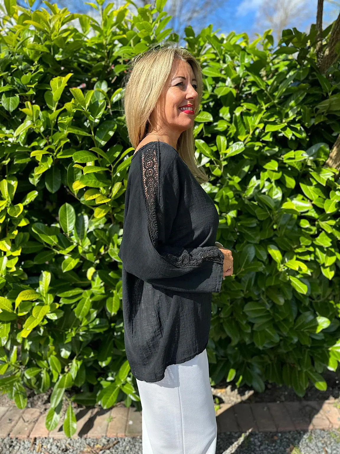 Black Crochet Sleeve Lightweight Top Cleo