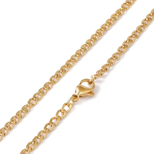 Chain Necklace, 201 Surgical Stainless Steel, Curb Chain, With Lobster Clasp, 18K Gold Plated, 60cm