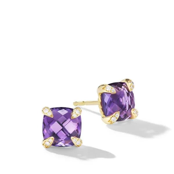 ChatelaineStud Earrings in 18K Yellow Gold with Amethyst and Diamonds, 8mm