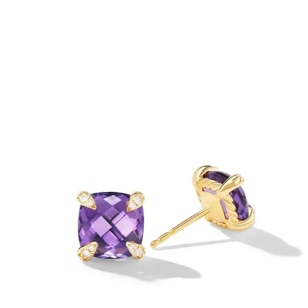 ChatelaineStud Earrings in 18K Yellow Gold with Amethyst and Diamonds, 8mm