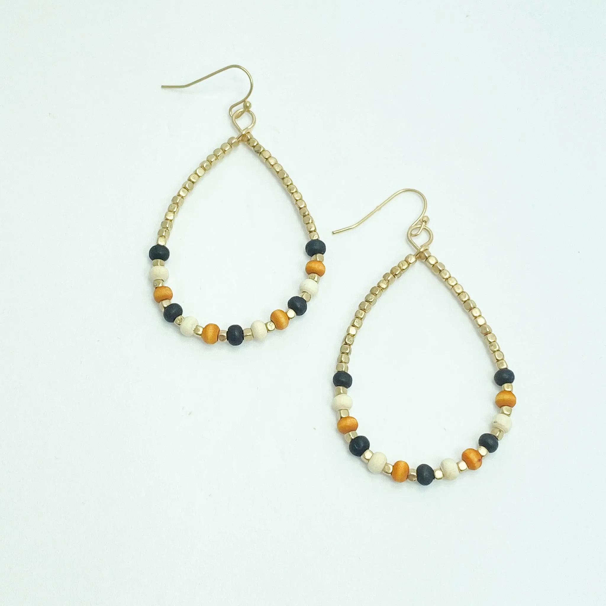 Cream Black & Gold Beaded Drop Earrings