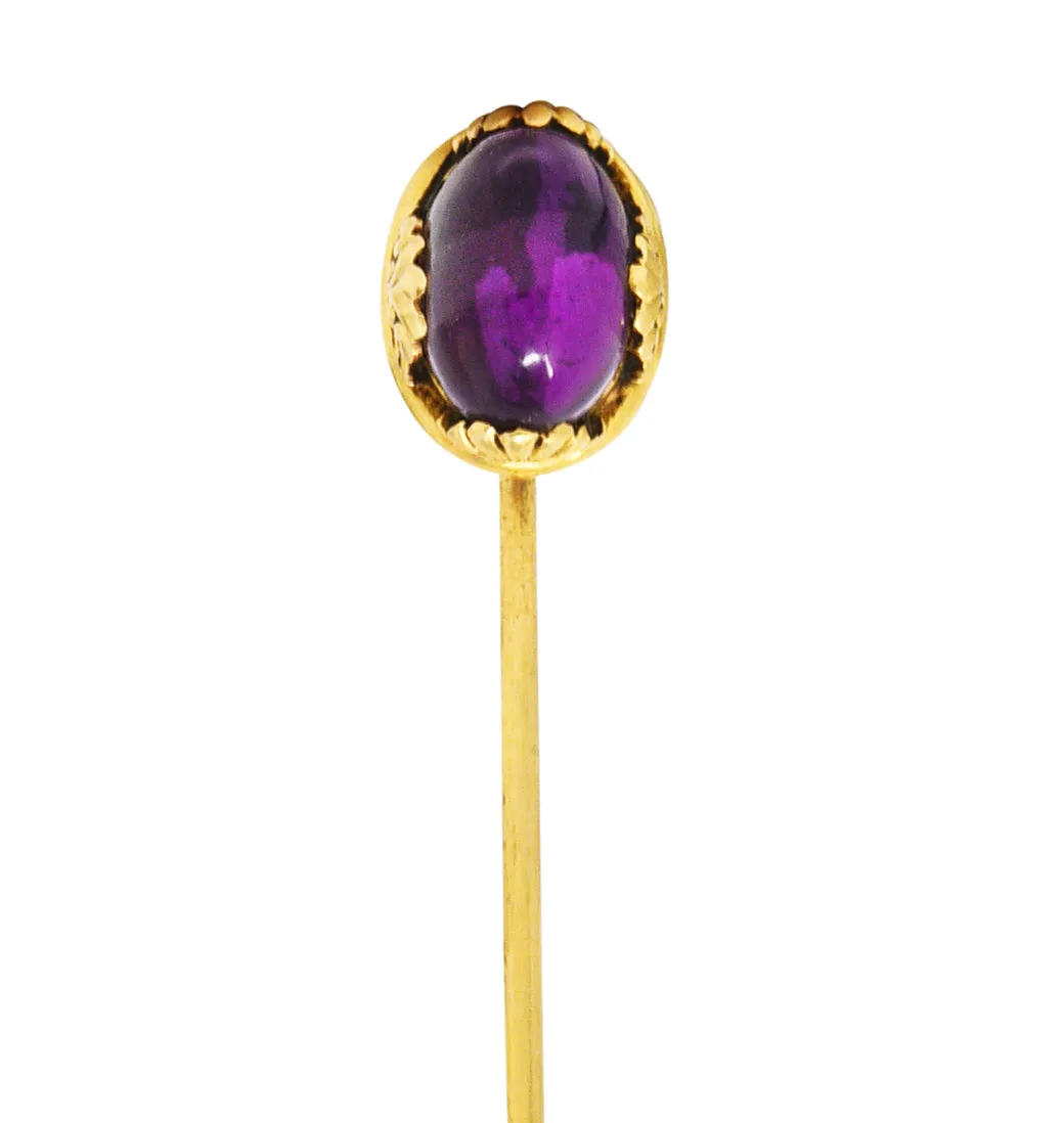 Early Art Nouveau Amethyst Cabochon 14 Karat Yellow Gold Antique Stickpin