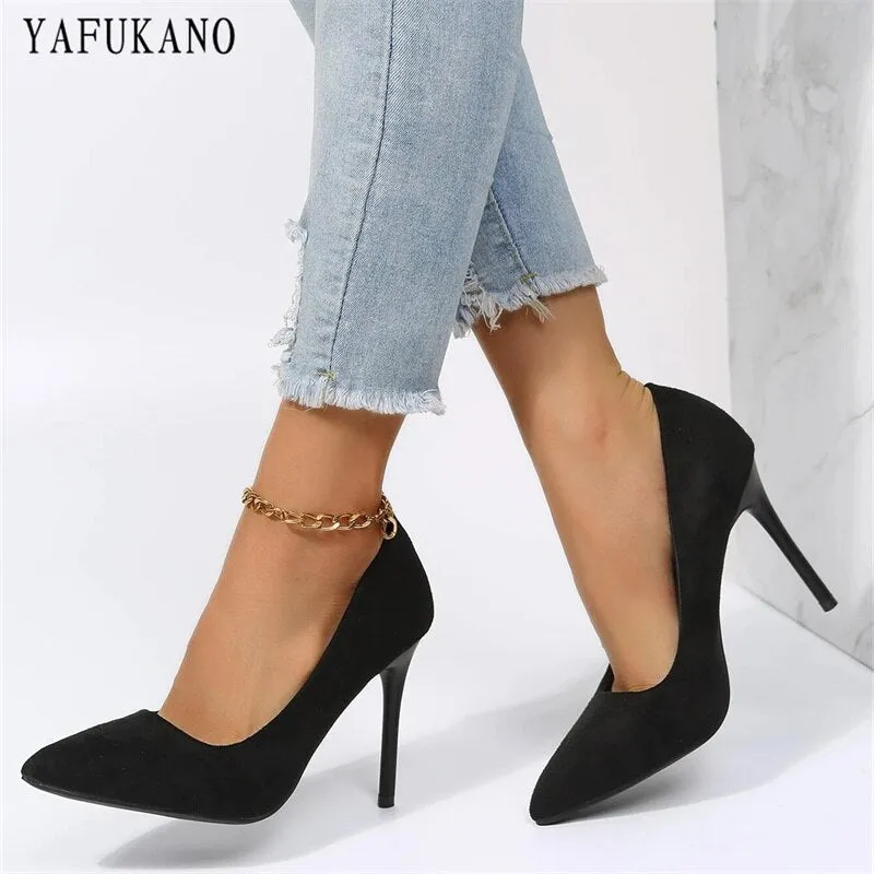 Fashion Point Toe Solid Flock Stiletto High Heels  Elegant Ladies Office Work Shoes