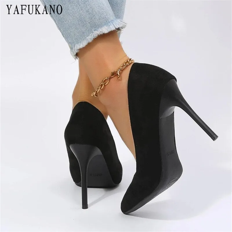 Fashion Point Toe Solid Flock Stiletto High Heels  Elegant Ladies Office Work Shoes