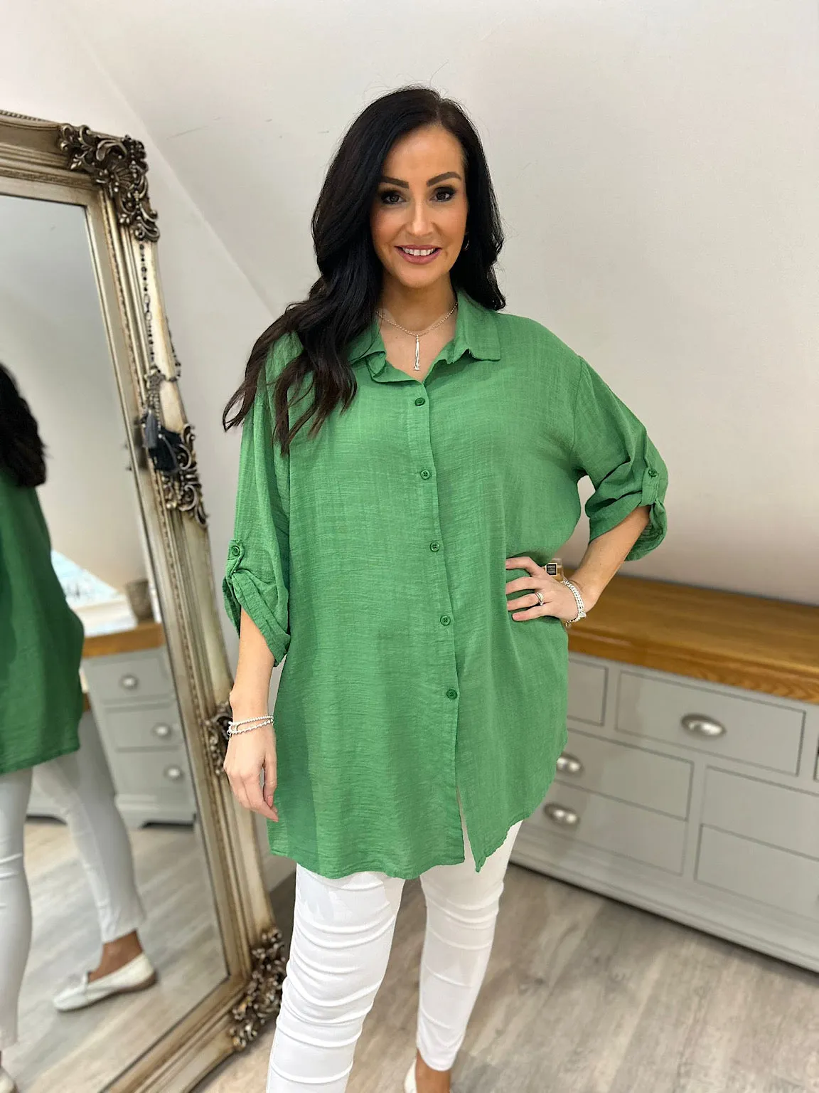 Green Lightweight Button Sleeve Shirt Natasha