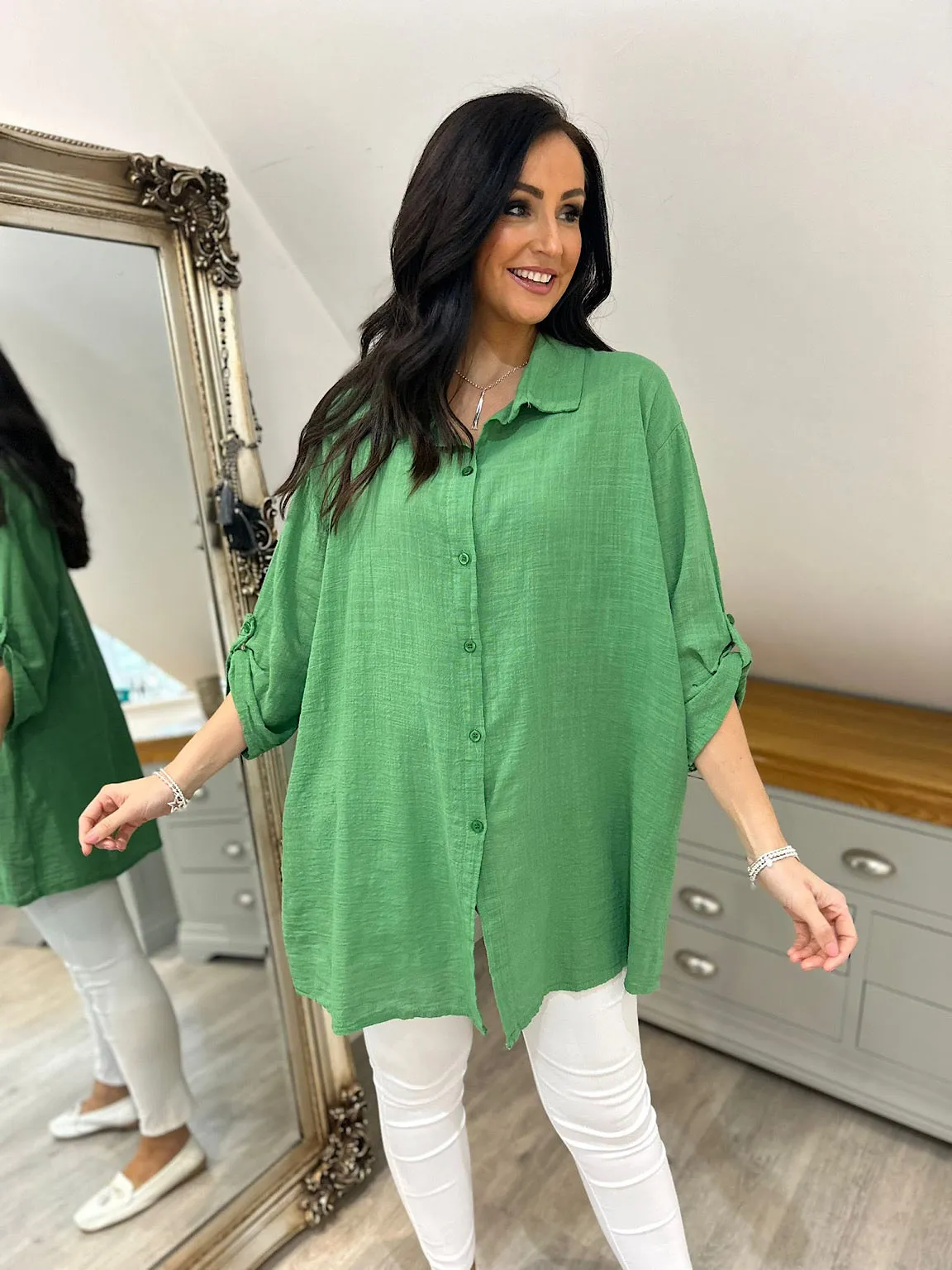 Green Lightweight Button Sleeve Shirt Natasha