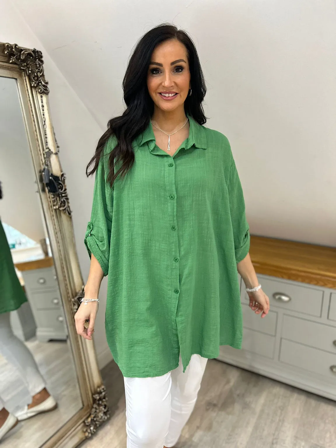 Green Lightweight Button Sleeve Shirt Natasha