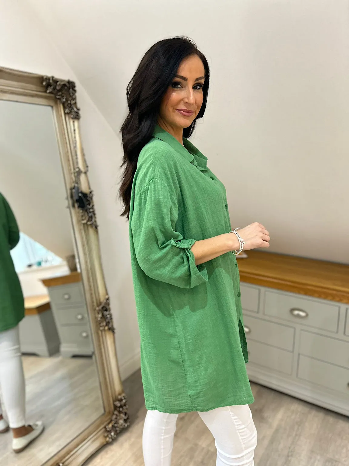 Green Lightweight Button Sleeve Shirt Natasha