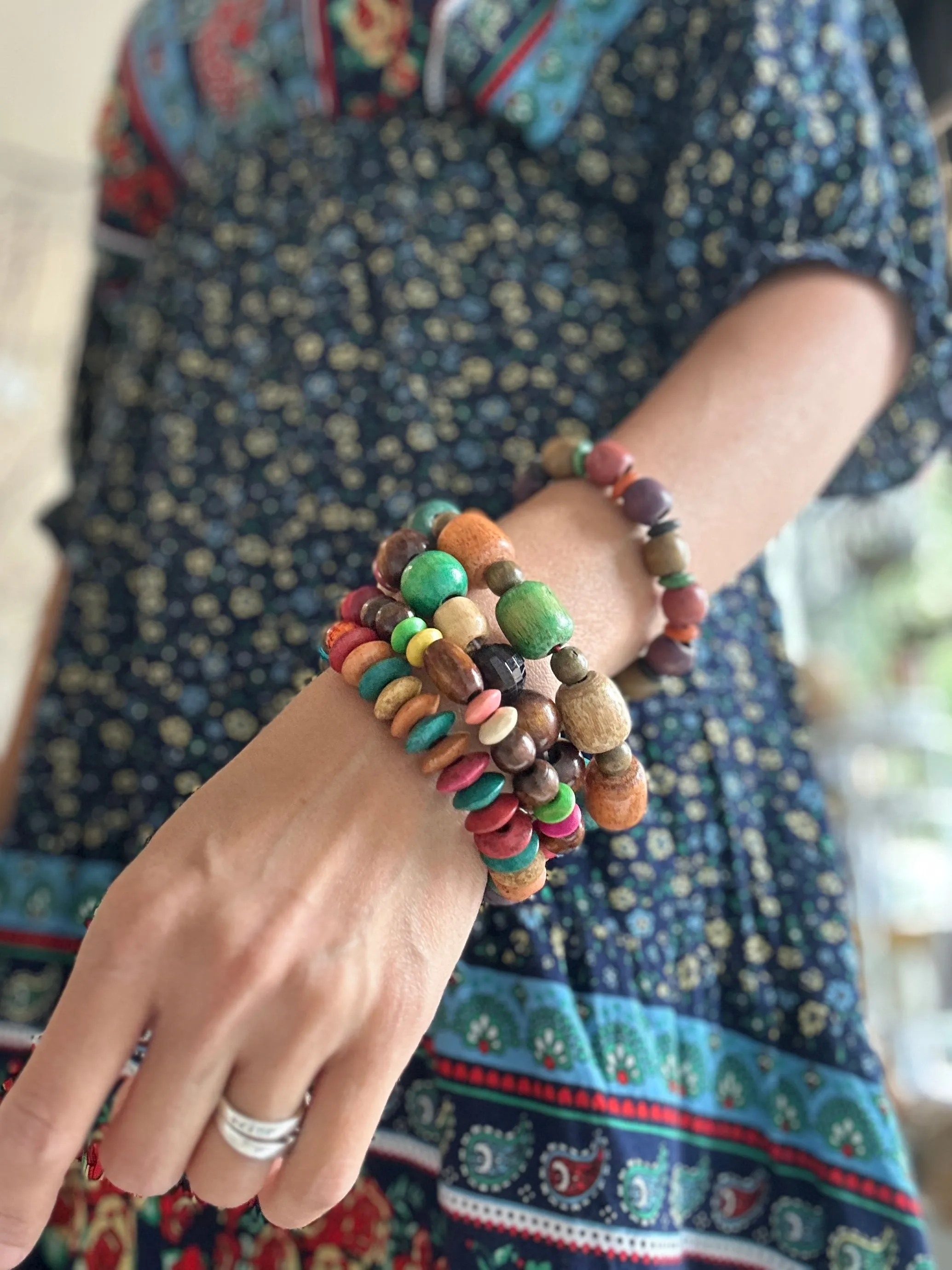 Handcrafted Colorful Wood Mixed Beaded Stretch Bracelet