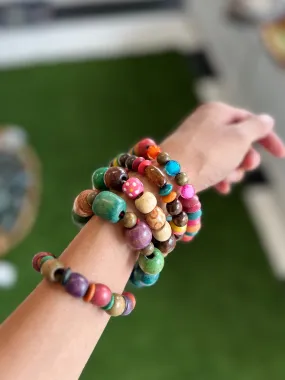 Handcrafted Colorful Wood Mixed Beaded Stretch Bracelet