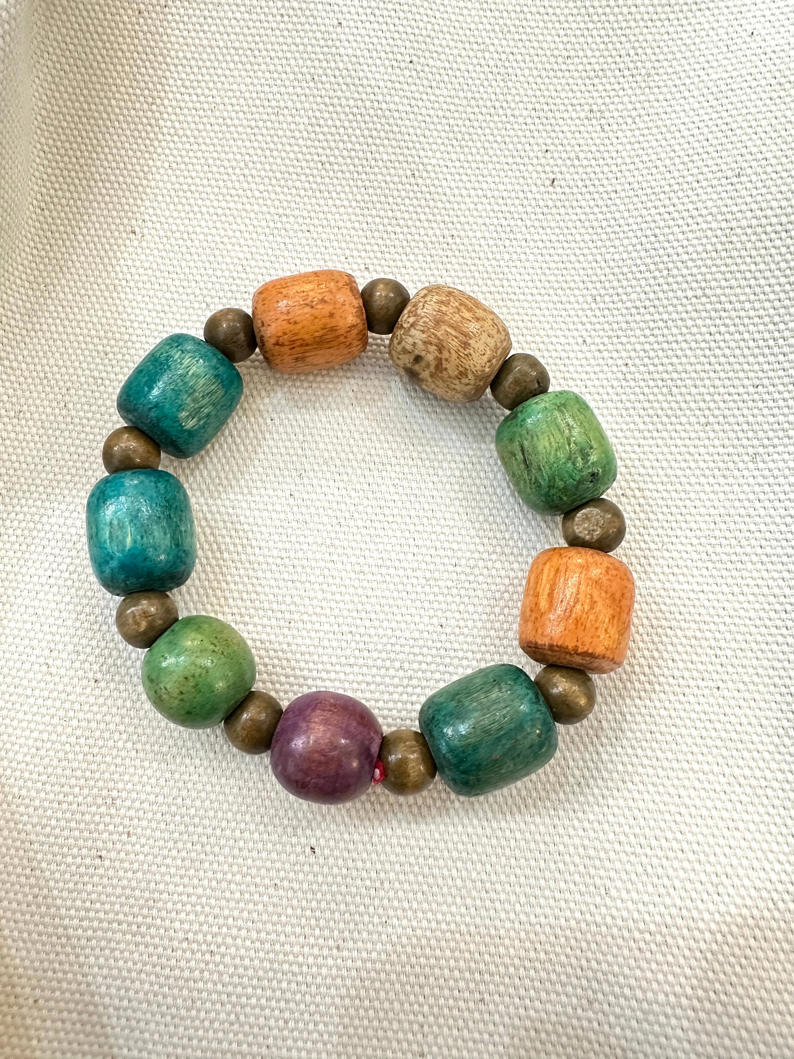 Handcrafted Colorful Wood Mixed Beaded Stretch Bracelet