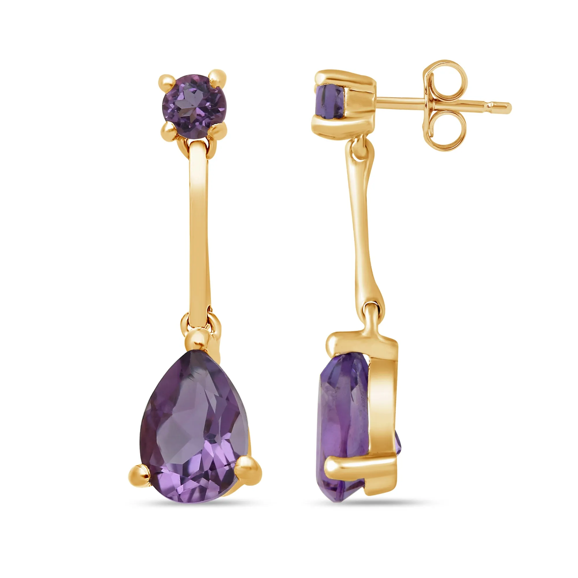 Jewelili 14K Yellow Gold with Pear and Round Natural Amethyst Tear-Shaped Precious Teardrop Drop Earrings