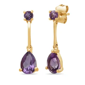 Jewelili 14K Yellow Gold with Pear and Round Natural Amethyst Tear-Shaped Precious Teardrop Drop Earrings