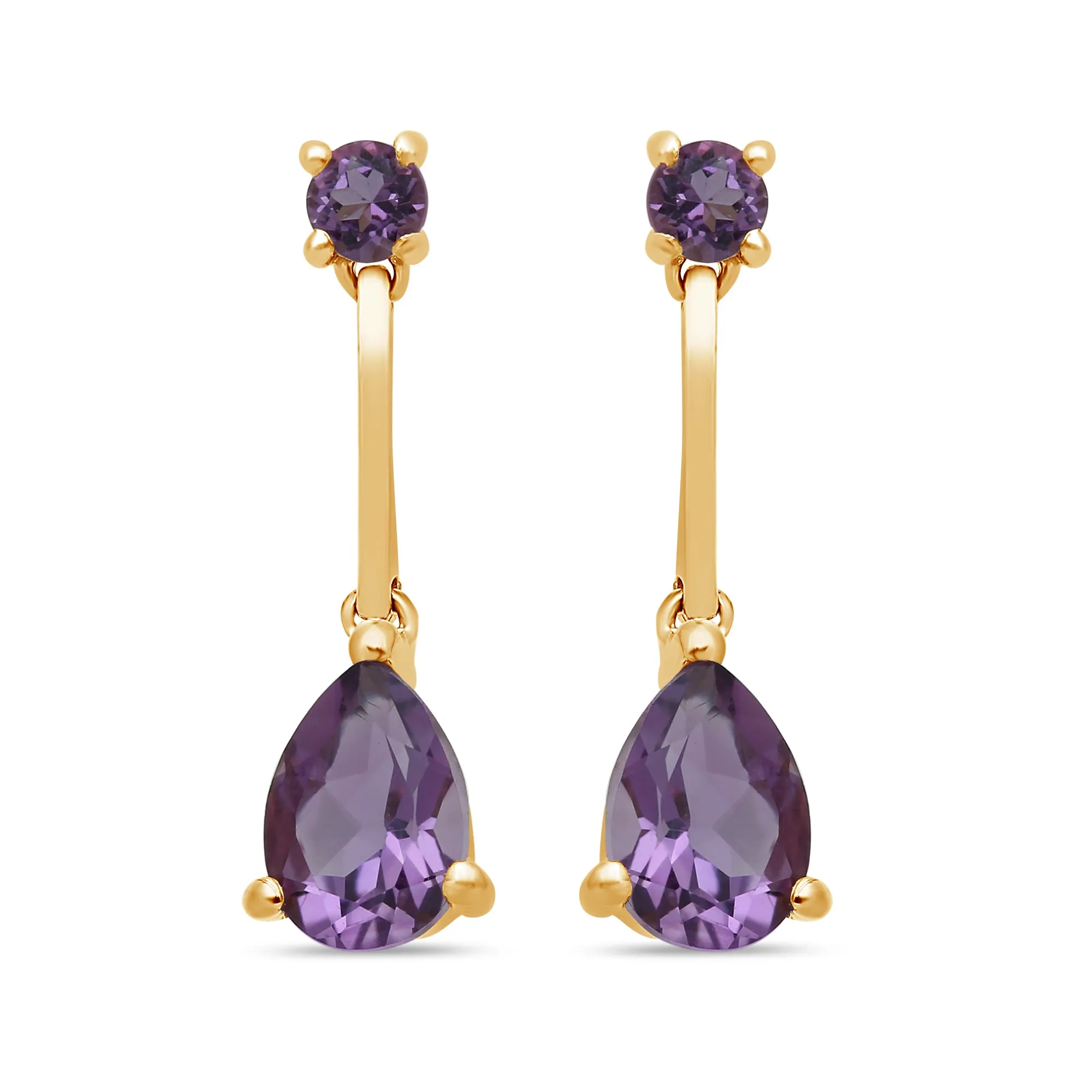 Jewelili 14K Yellow Gold with Pear and Round Natural Amethyst Tear-Shaped Precious Teardrop Drop Earrings