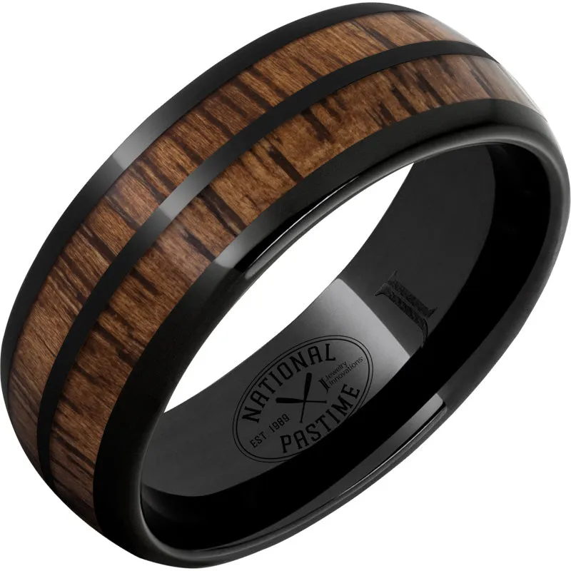 National Pastime Collection Black Diamond Ceramic Dome Ring with Vintage Hickory Baseball Bat Wood Inlays