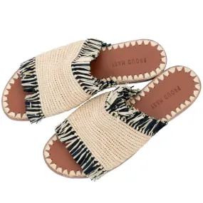 Raffia Fringe Slide (Natural/Black)