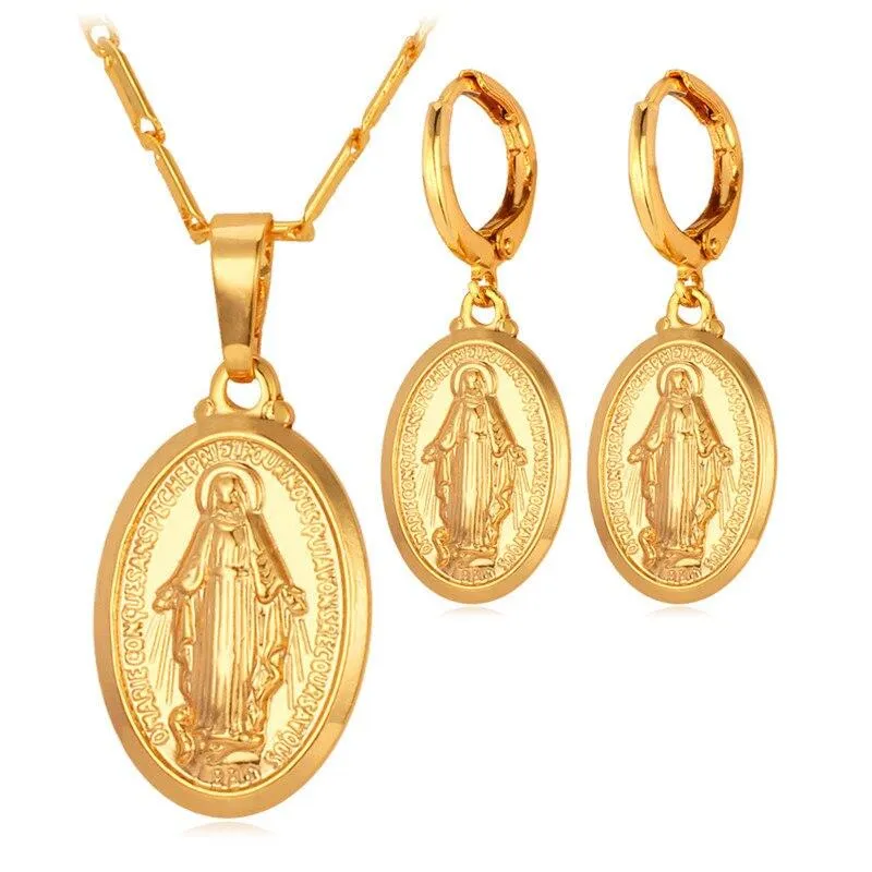 Stylish Women Gold Mother Virgin Mary Necklace and Earrings Jewelry Set