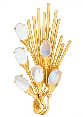 Tiffany & Co. Retro Moonstone 14 Karat Gold Cattail Brooch