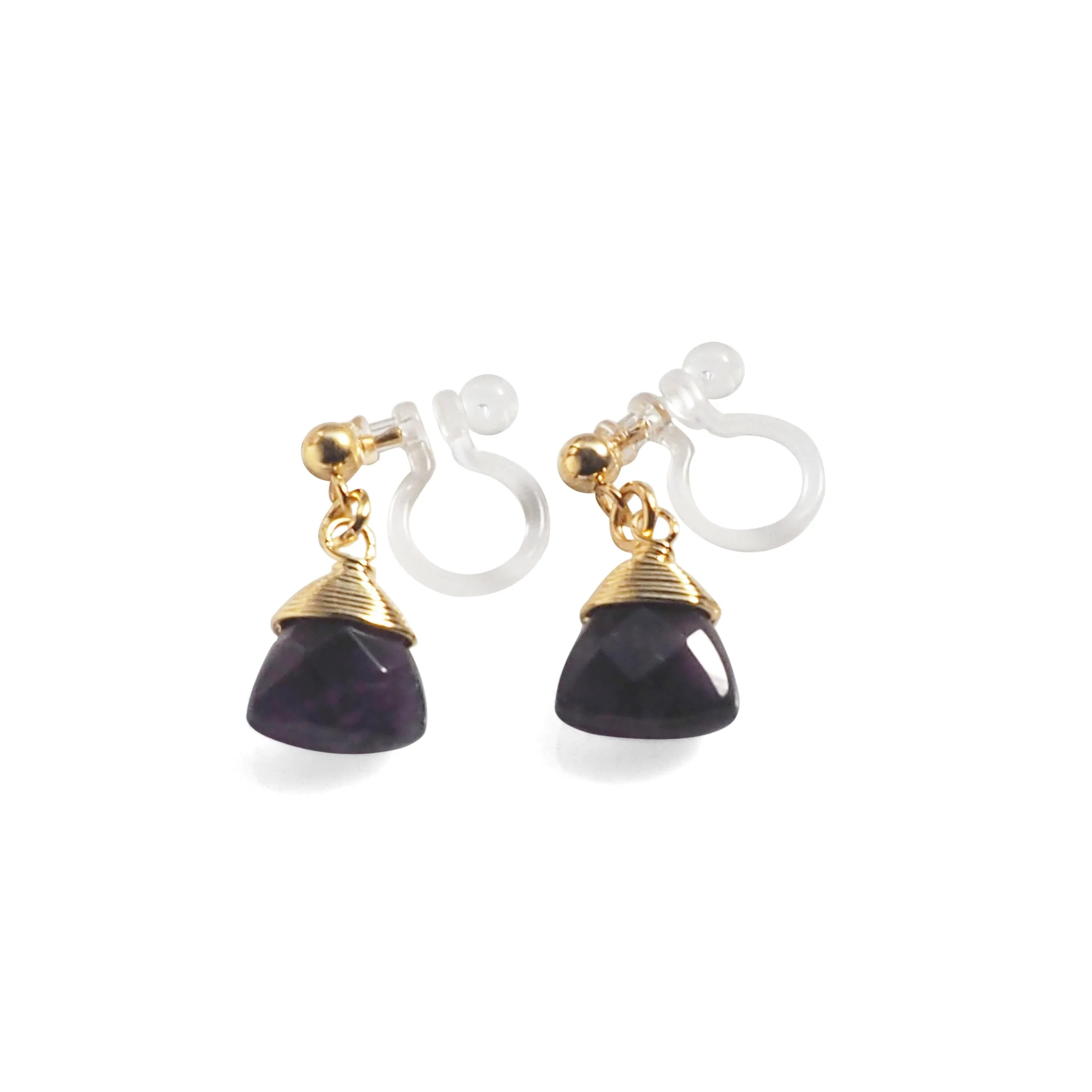 Triangle Purple Amethyst Invisible Clip On Earrings (Gold tone)