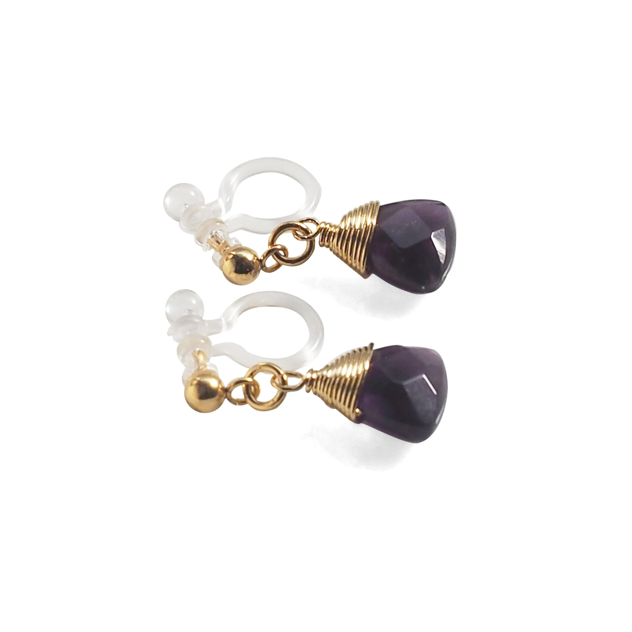 Triangle Purple Amethyst Invisible Clip On Earrings (Gold tone)