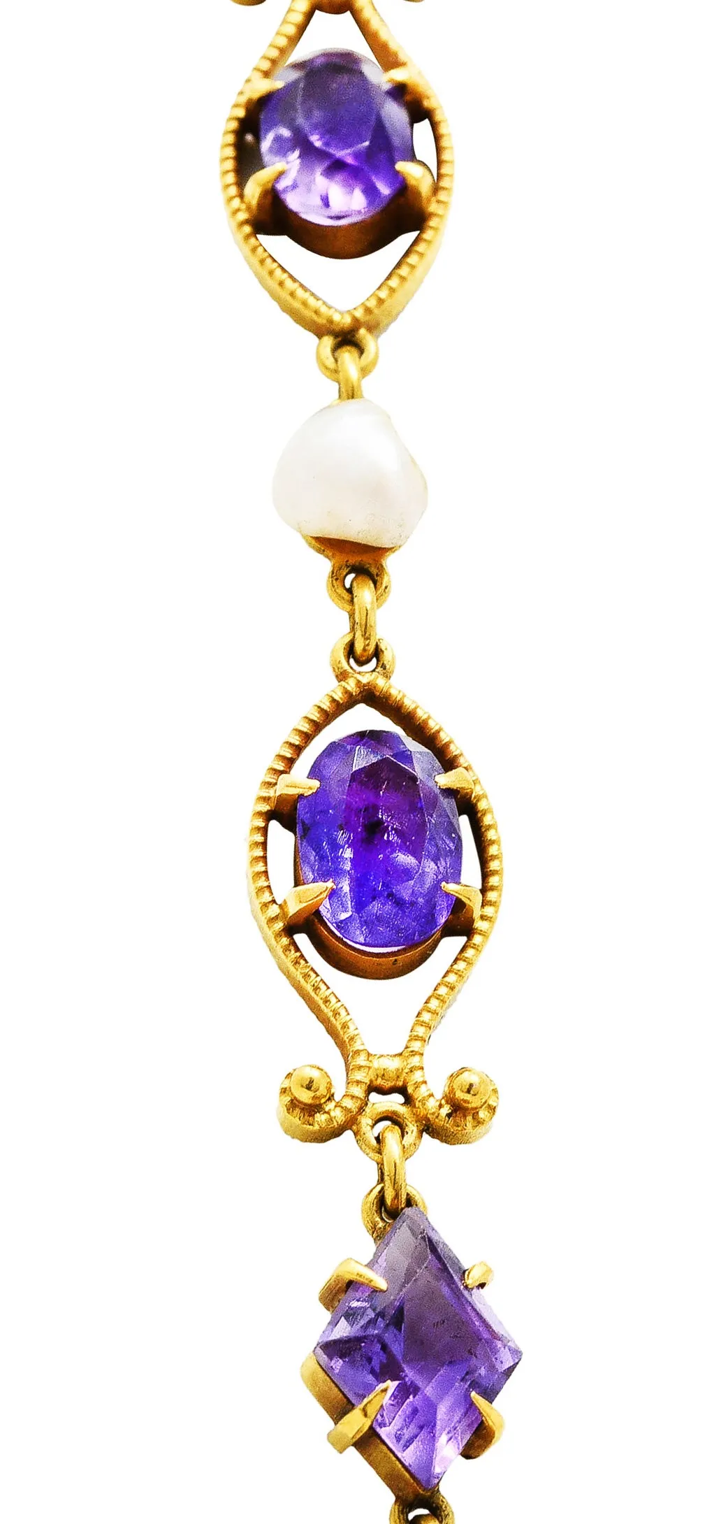 Victorian Amethyst Tourmaline Pearl 14 Karat Yellow Gold Filigree Drop Necklace