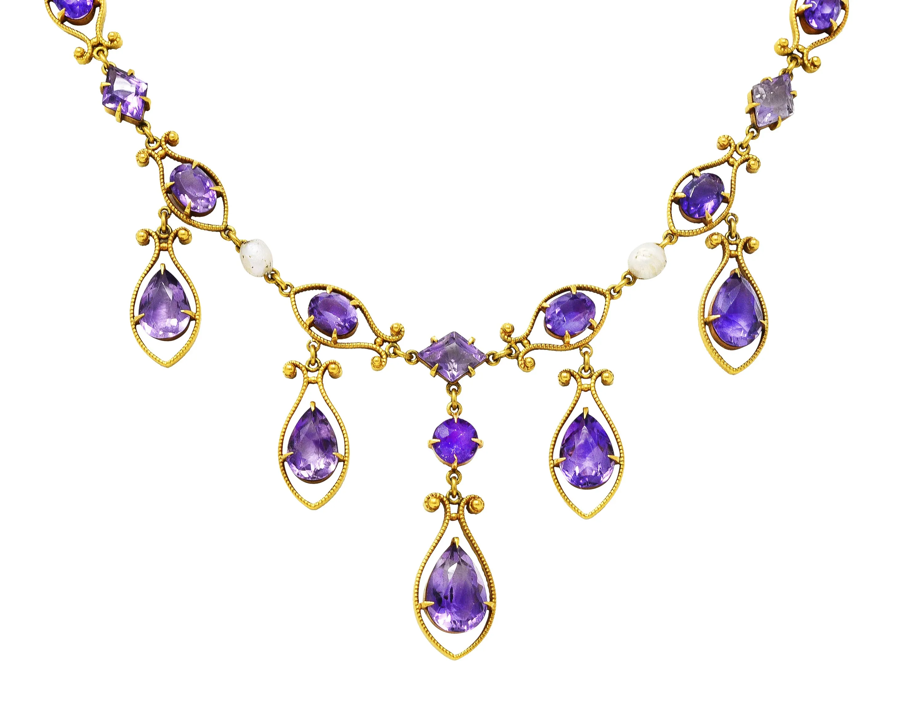 Victorian Amethyst Tourmaline Pearl 14 Karat Yellow Gold Filigree Drop Necklace