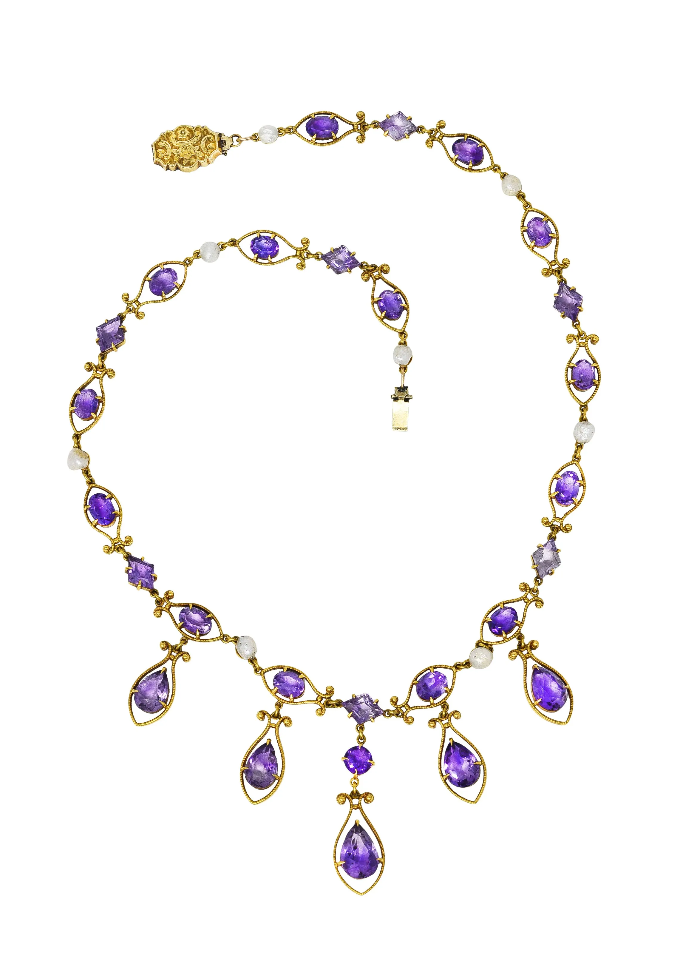 Victorian Amethyst Tourmaline Pearl 14 Karat Yellow Gold Filigree Drop Necklace