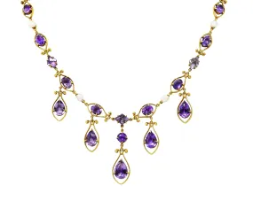 Victorian Amethyst Tourmaline Pearl 14 Karat Yellow Gold Filigree Drop Necklace