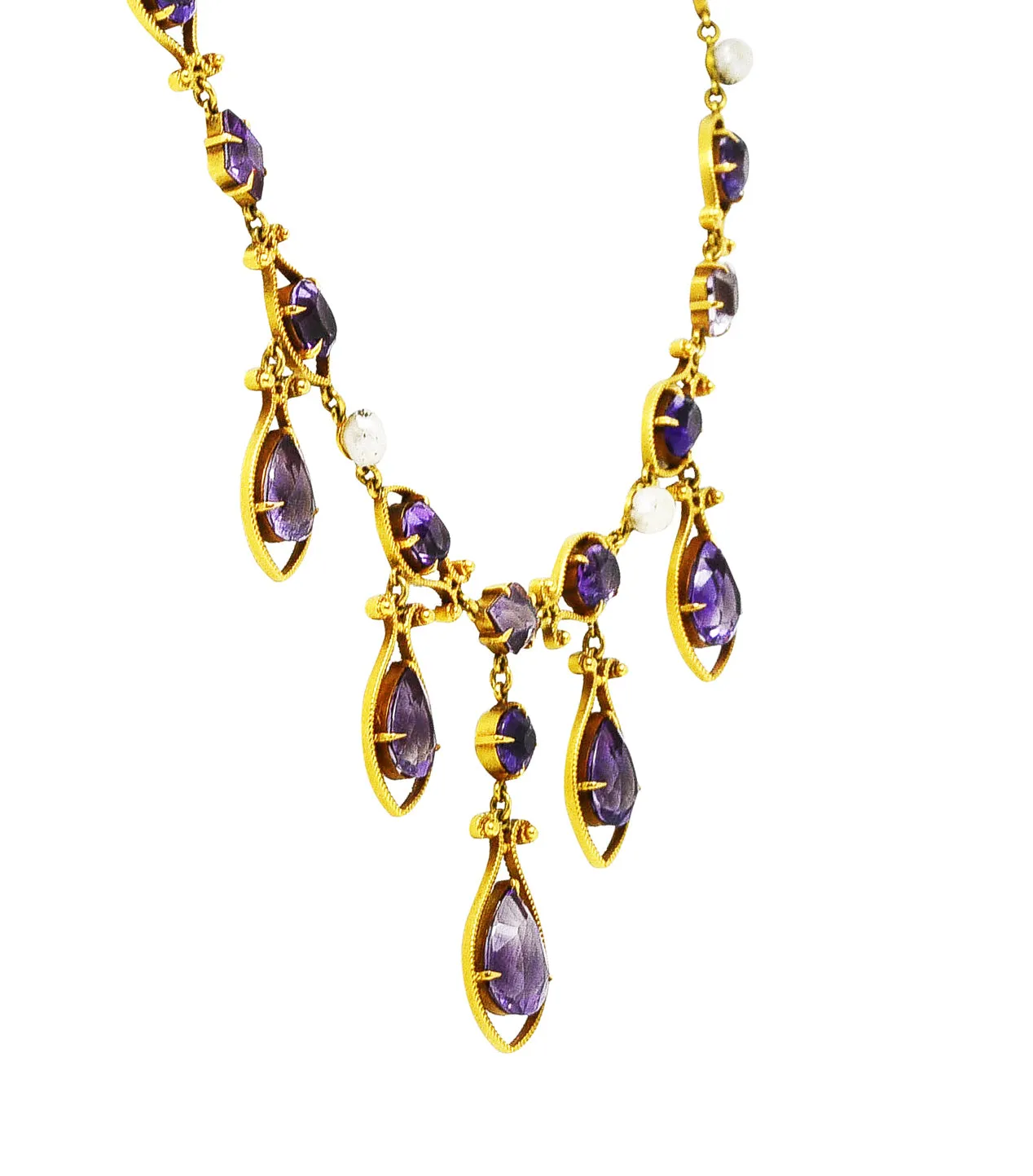 Victorian Amethyst Tourmaline Pearl 14 Karat Yellow Gold Filigree Drop Necklace