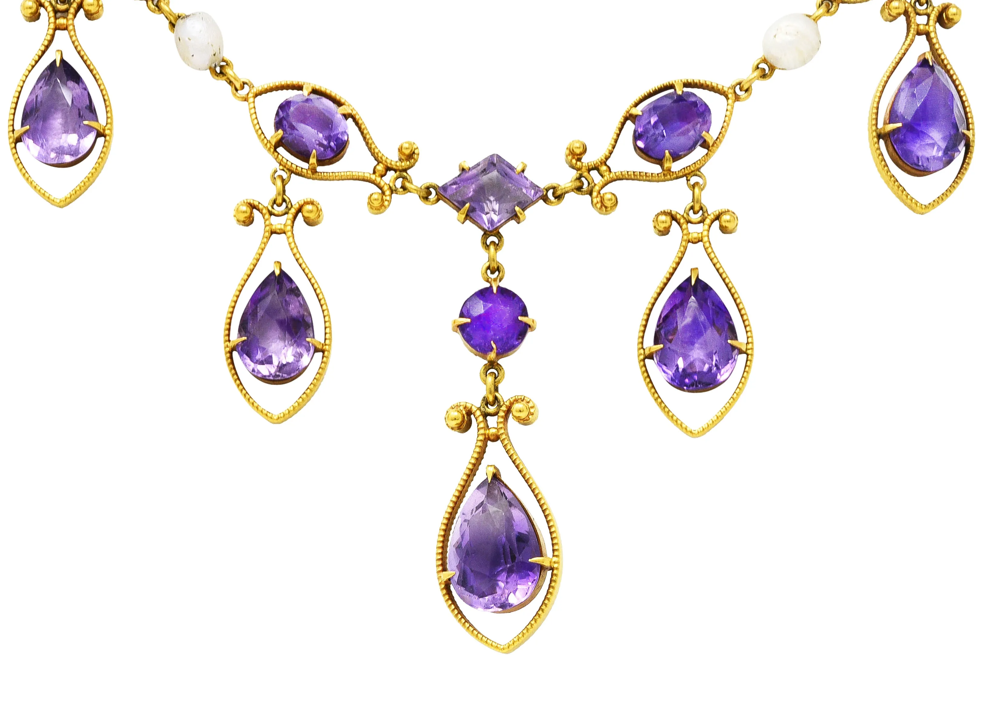 Victorian Amethyst Tourmaline Pearl 14 Karat Yellow Gold Filigree Drop Necklace