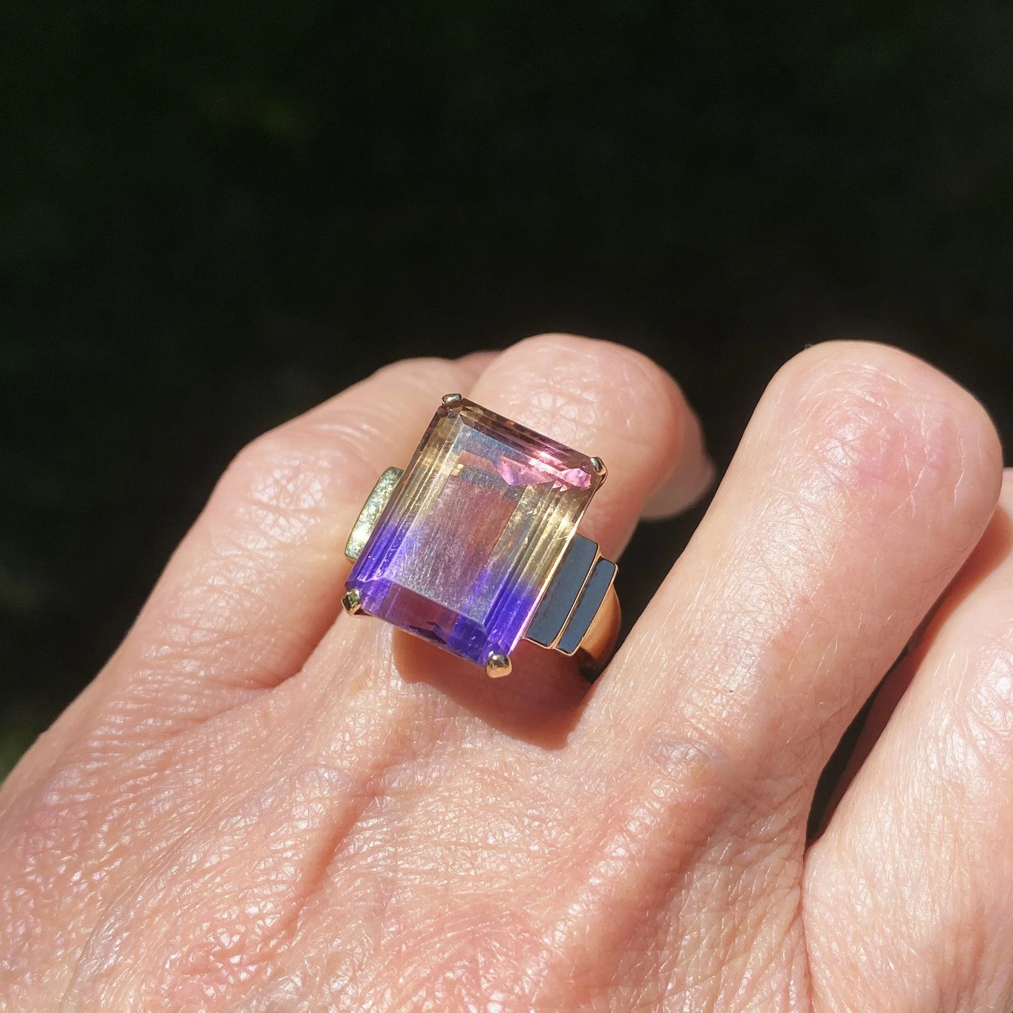 Vintage 13 CTW Ametrine Gold Cocktail Ring, Amethyst & Citrine