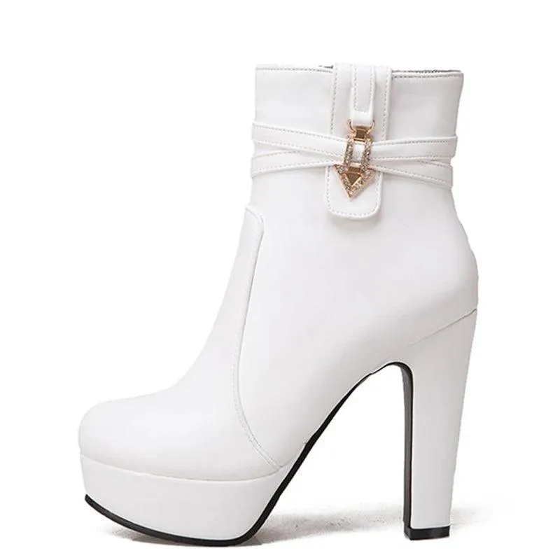 Women Ankle Boots - Platform Shoes - Buckle High Heels