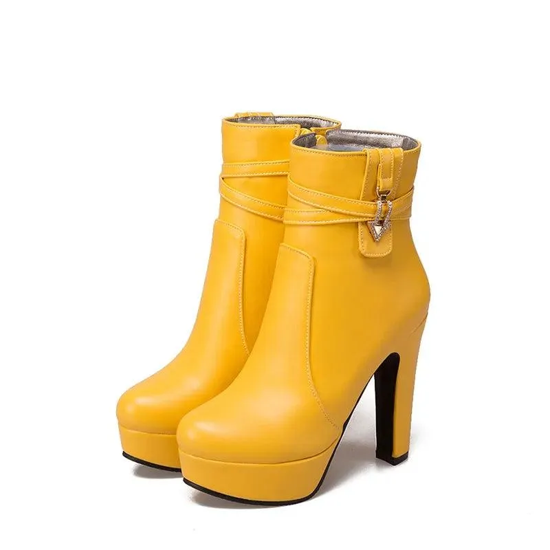 Women Ankle Boots - Platform Shoes - Buckle High Heels