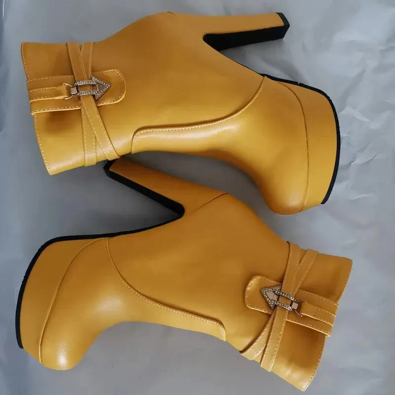 Women Ankle Boots - Platform Shoes - Buckle High Heels