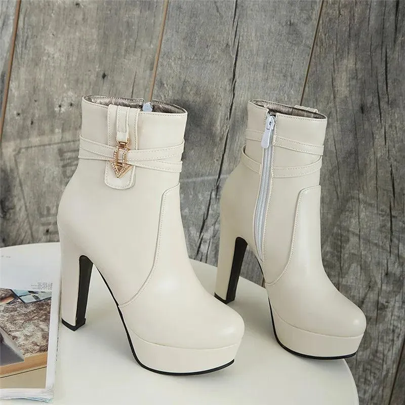 Women Ankle Boots - Platform Shoes - Buckle High Heels