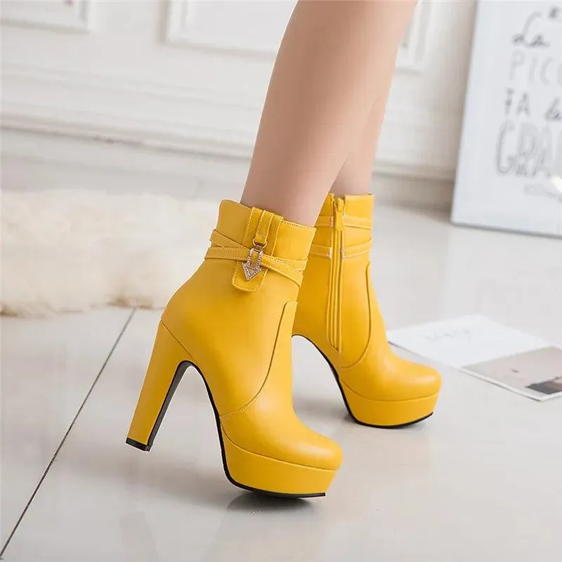 Women Ankle Boots - Platform Shoes - Buckle High Heels