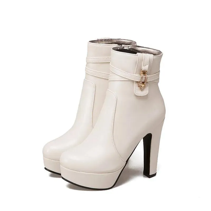 Women Ankle Boots - Platform Shoes - Buckle High Heels