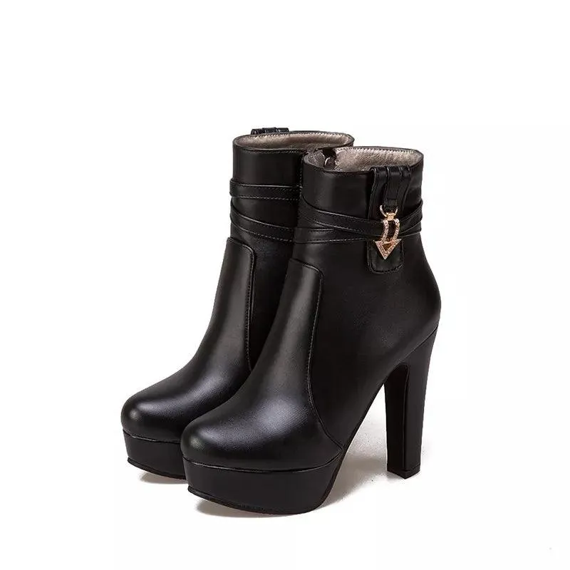 Women Ankle Boots - Platform Shoes - Buckle High Heels