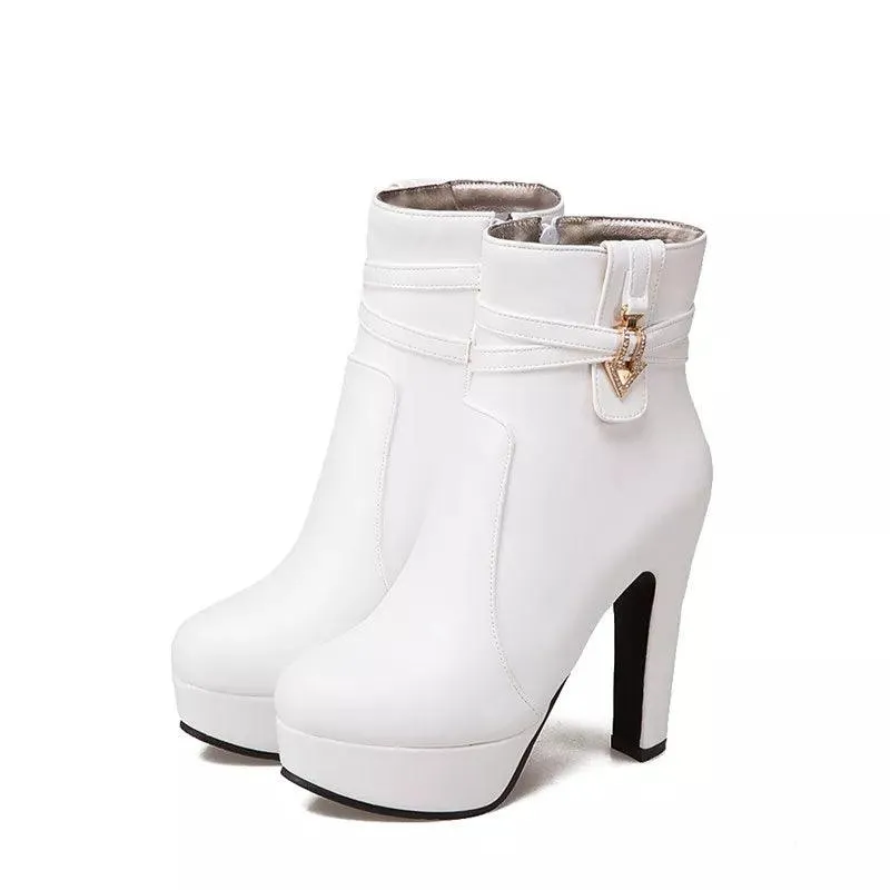 Women Ankle Boots - Platform Shoes - Buckle High Heels